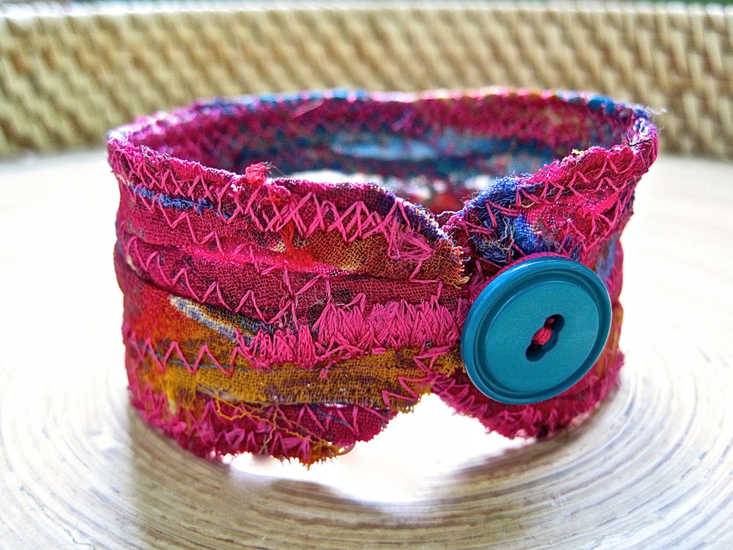 Multi-color marbled recycled fabric cuff w/ turquoise buttons