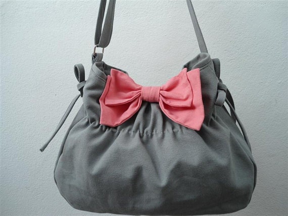 Gray bag with pink  bow- Purse/shoulder bag / Diaper bag/ Handbag /bow bag/pink bow /tote-You can select  color bow ( 1 only )