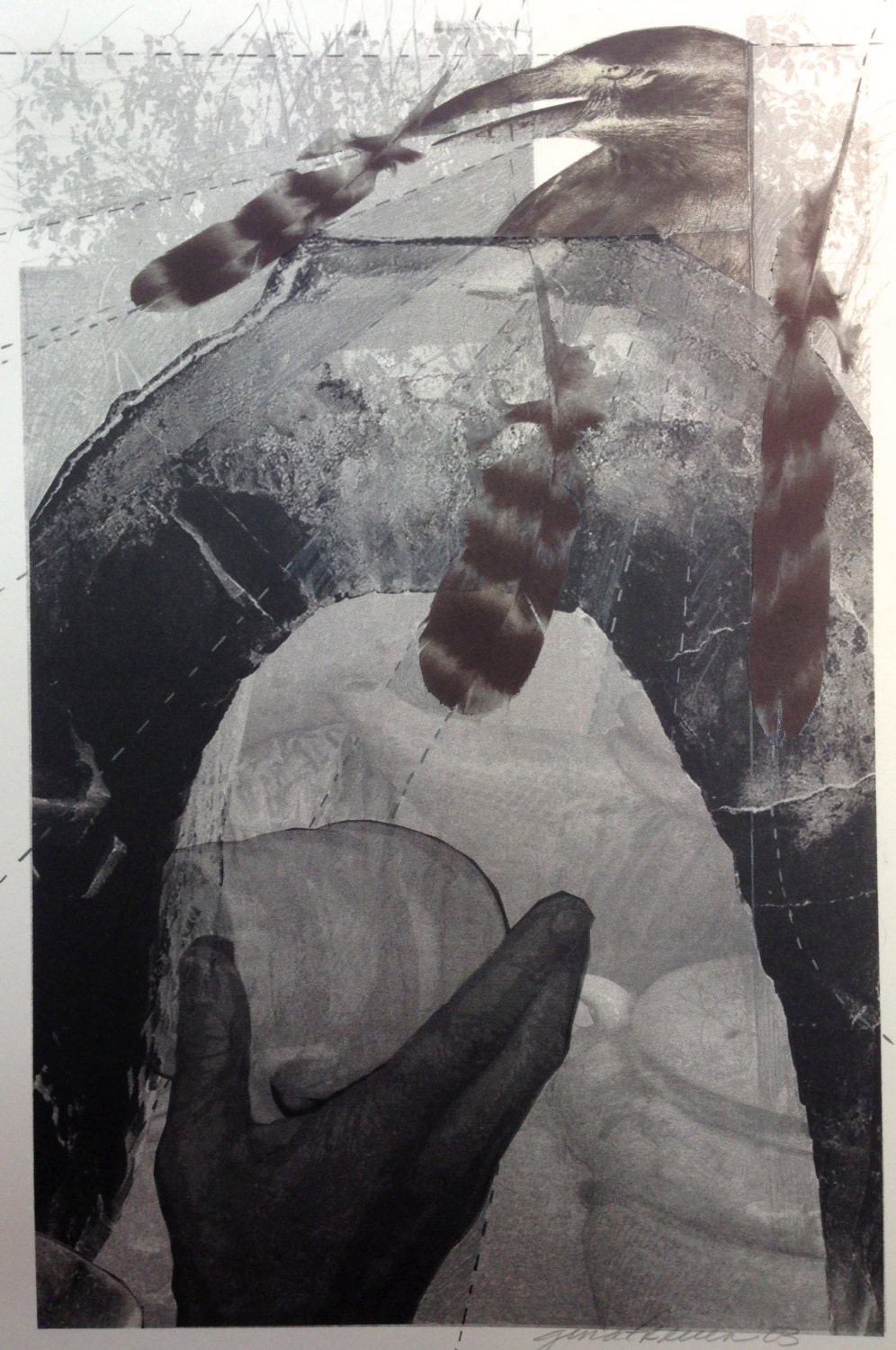 Contemplate 2, Crow Warning Series, Mixed Media Collage and Print on Paper