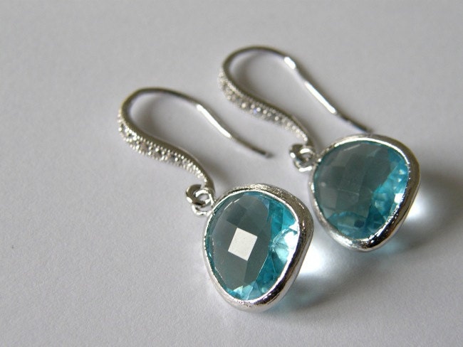 Aquamarine Cubic Zirconia Glass Earrings, Drop, Dangle, Bridesmaids Gifts, Bridal Jewelry, Gift for Her