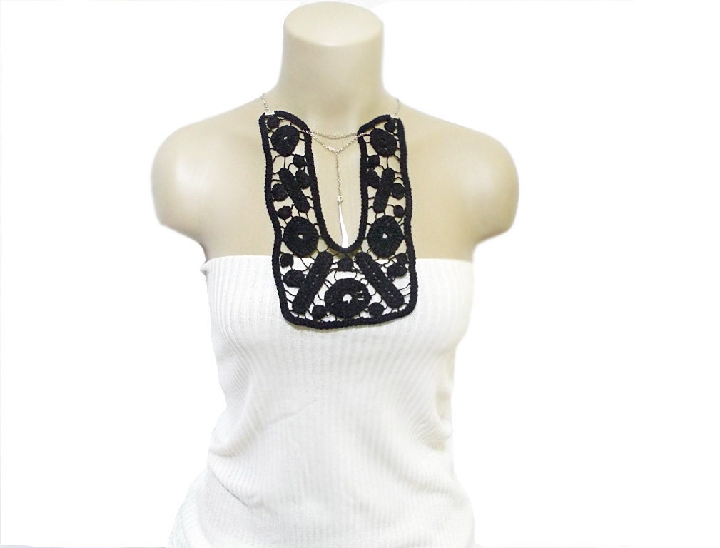 FREE SHIPPING- Black Handmade Cotton Lace Collar, necklace - Gothic Woman Accessories - Black- Big Necklace- Woman Blouse Applique - OOAK
