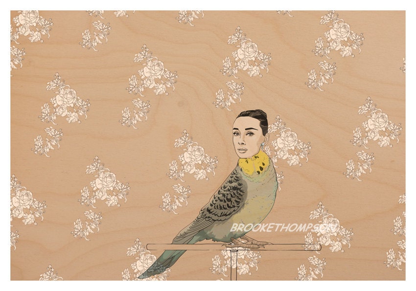 Blank Card - Audrey Hepburn - PARAKEET - Spirit Animal Portrait Illustration on Woodgrain