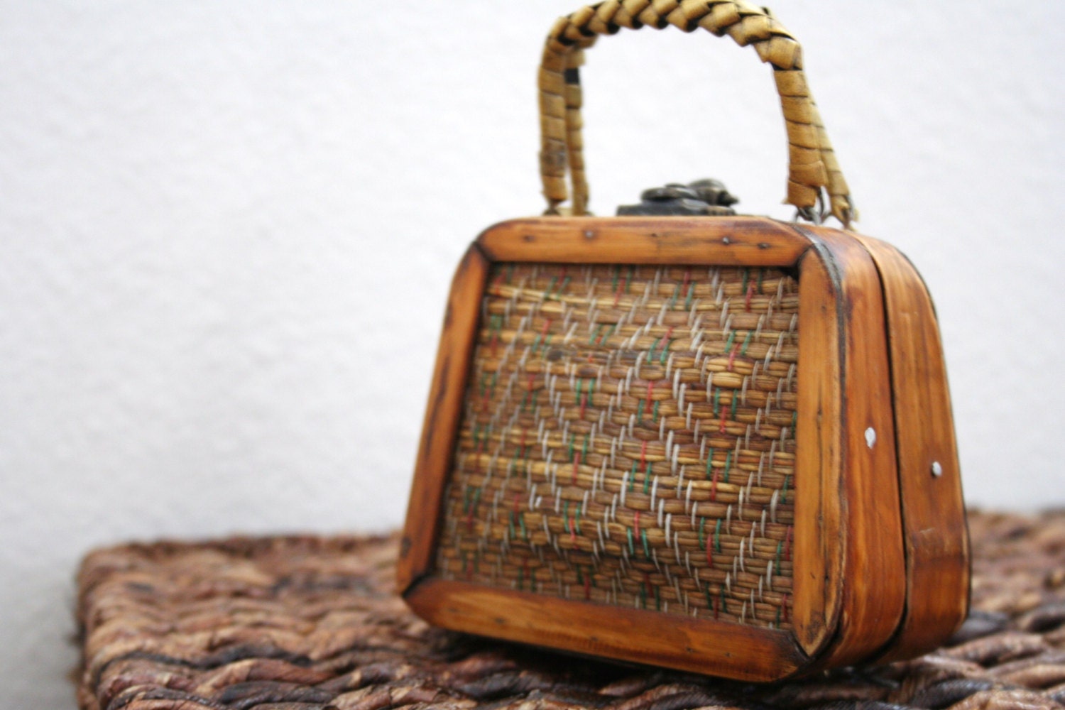 Miniature Suitcase Purse, Wood and Wicker Handbag