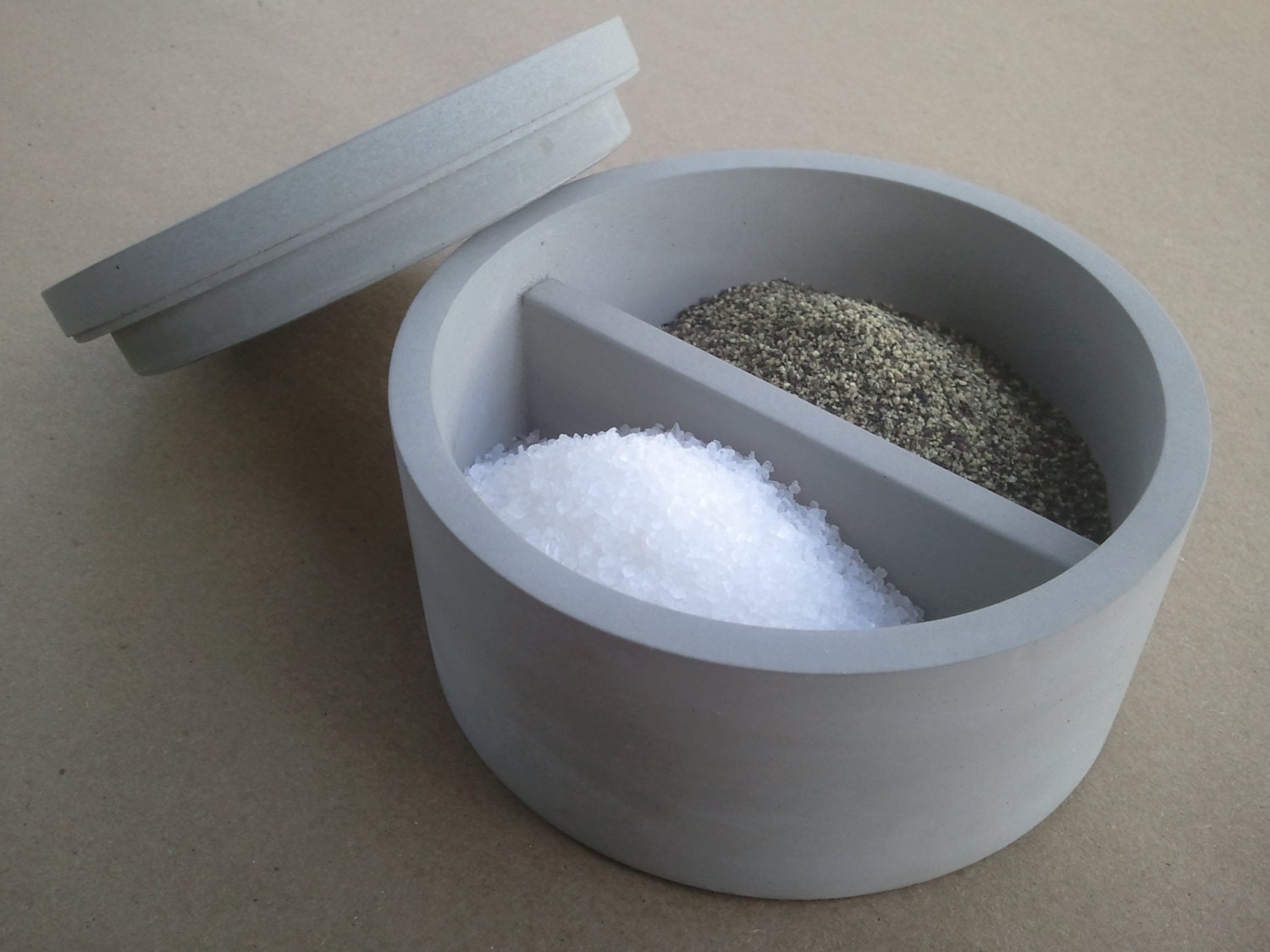 Divided concrete salt and pepper spice jar or other sugar jar with lid - Kreteware Concrete - kreteware