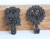 Pair of Vintage Trivets - Cast Iron Trivet - Black - Metal - Housewares - Hearts - Flowers - Bird