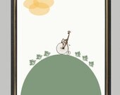 Giraffe rides a bicycle - print on Fine art watercolor paper 8x10 inch.