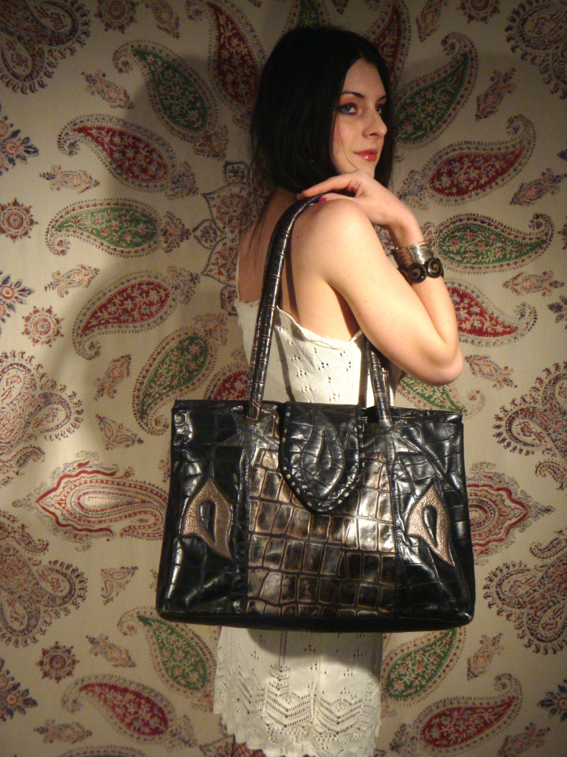 glossy black bronze 80s leather tote bag purse