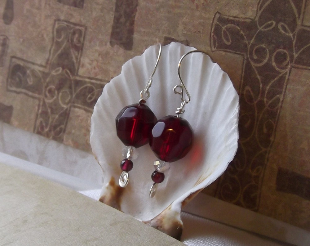 Red garnet gemstone & crystal dangle earrings January birthstone Wire wrapped earrings Women's gift