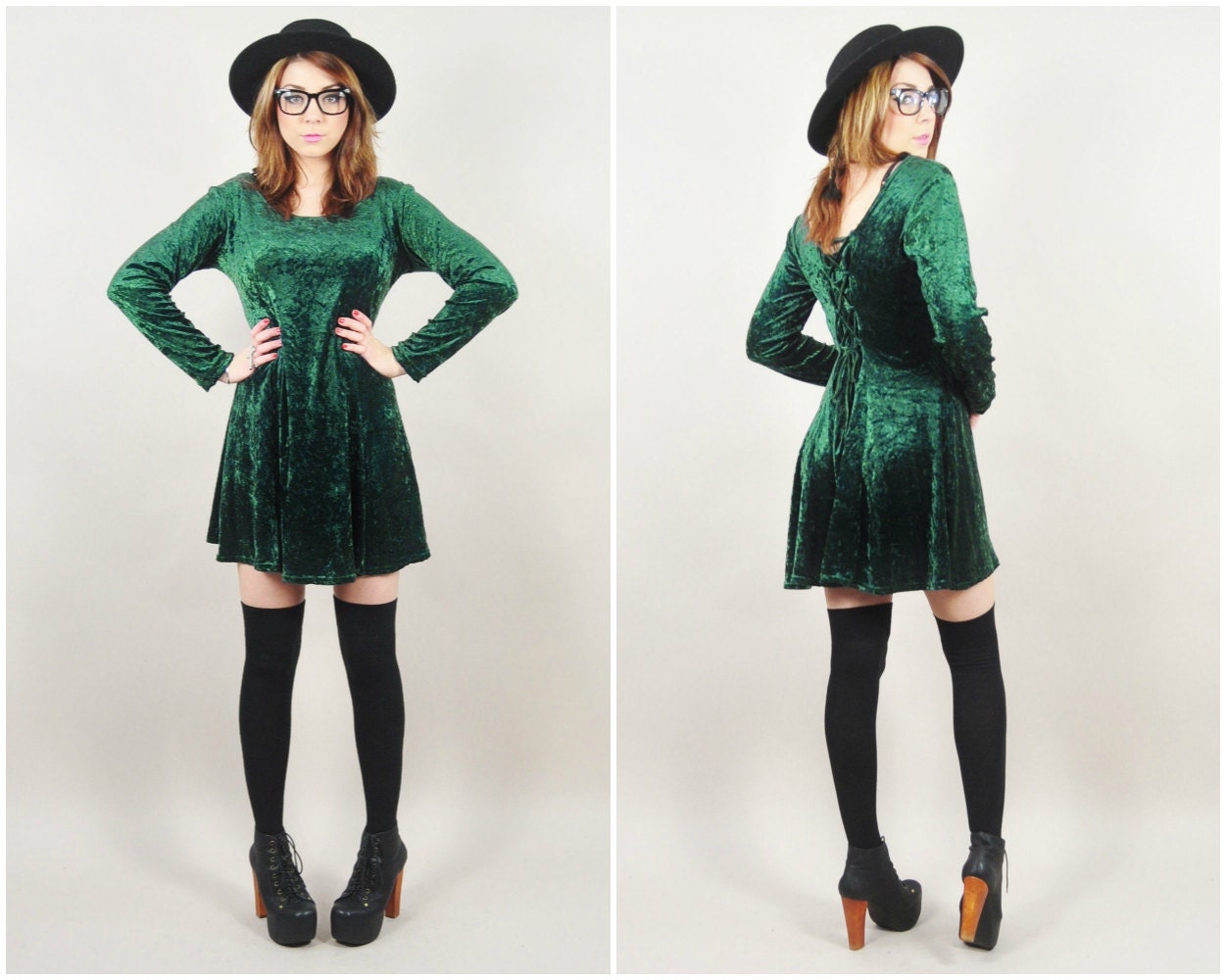 vintage 90s crushed emerald green velvet CORSET tie back grunge revival boho mini dress - LushLoveLita