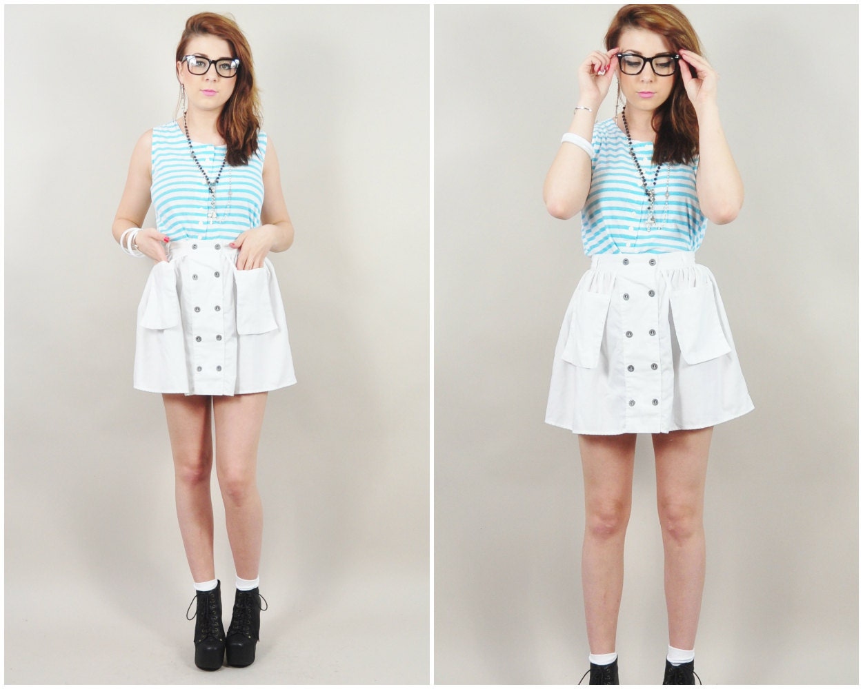 vintage 70s WHITE high waist double button hanging pinafore pockets boho hippie MINI skirt