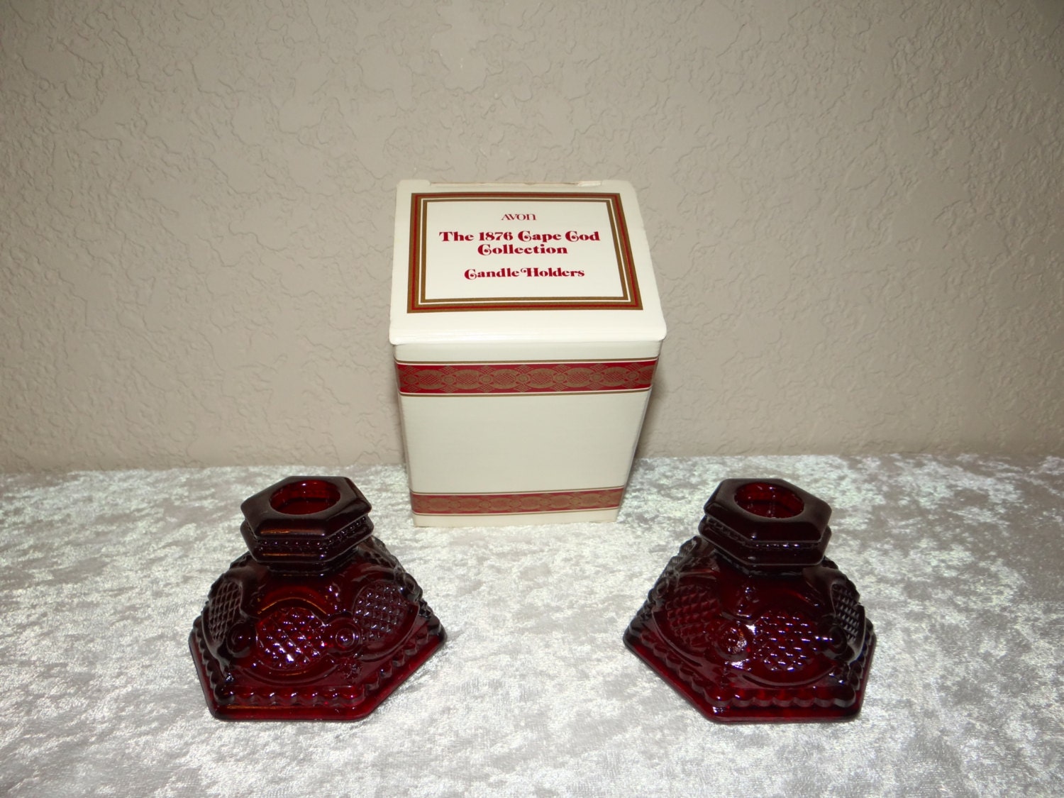 Avon Cape Cod Candle Holders (Pair), Ruby Red Candle Holders from the 1876 Cape Cod Collection with Original Box, Eco Wedding, Home Decor