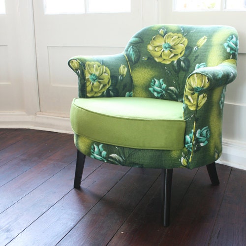 Vintage Mid Century Re-Upholstered 1950's Barkcloth Bucket Chair