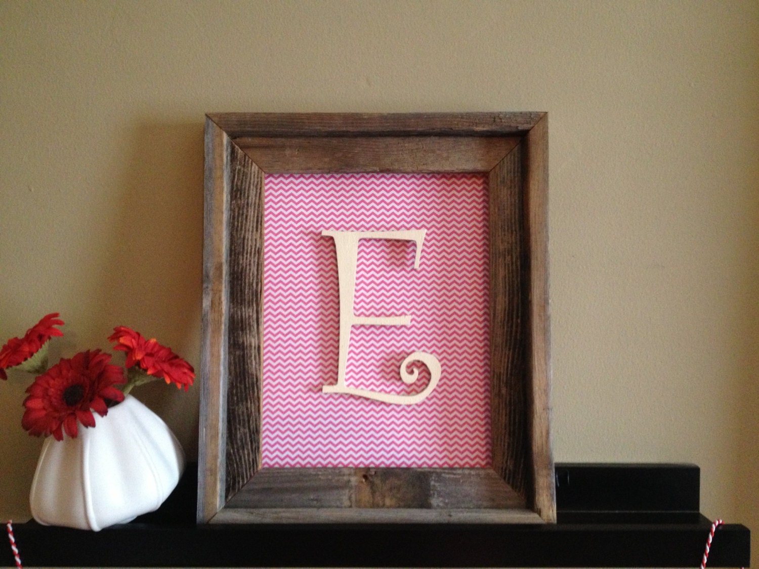 Rustic Wood Framed Art with Pink Chevron Print Back and Wood Letter 8x10