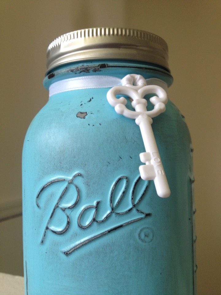 Large Painted distressed mason jar turquoise blue key vase vintage centerpiece wedding decor ball kerr or rustic wedding