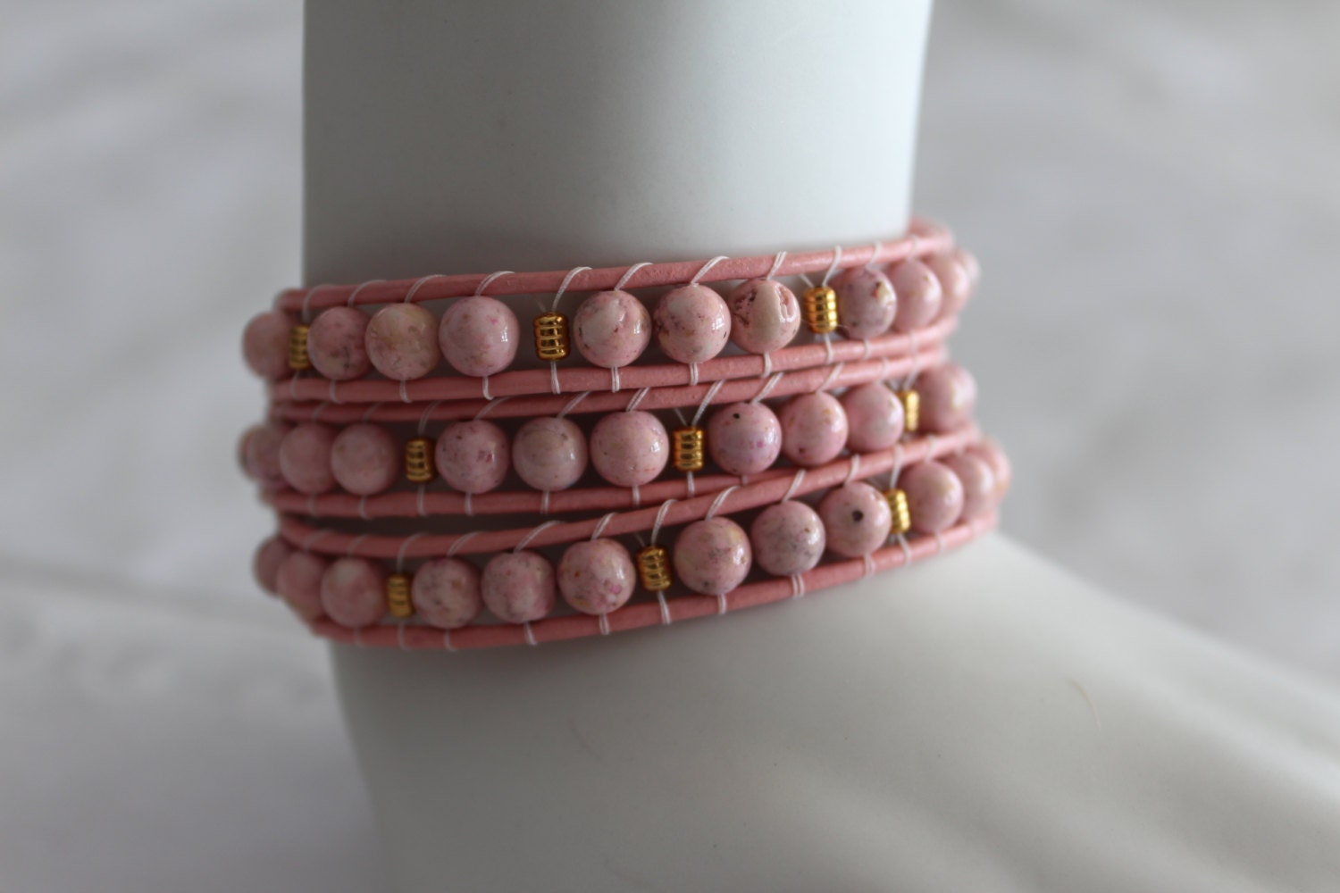 Pink Riverstone and Gold Leather Wrap Bracelet