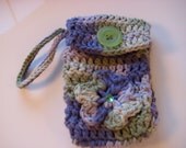 Crochet Cell Phone Cozy with Crocheted Flower Rhinestone Gift iphone Case Blue Green Purple Wrist Strap