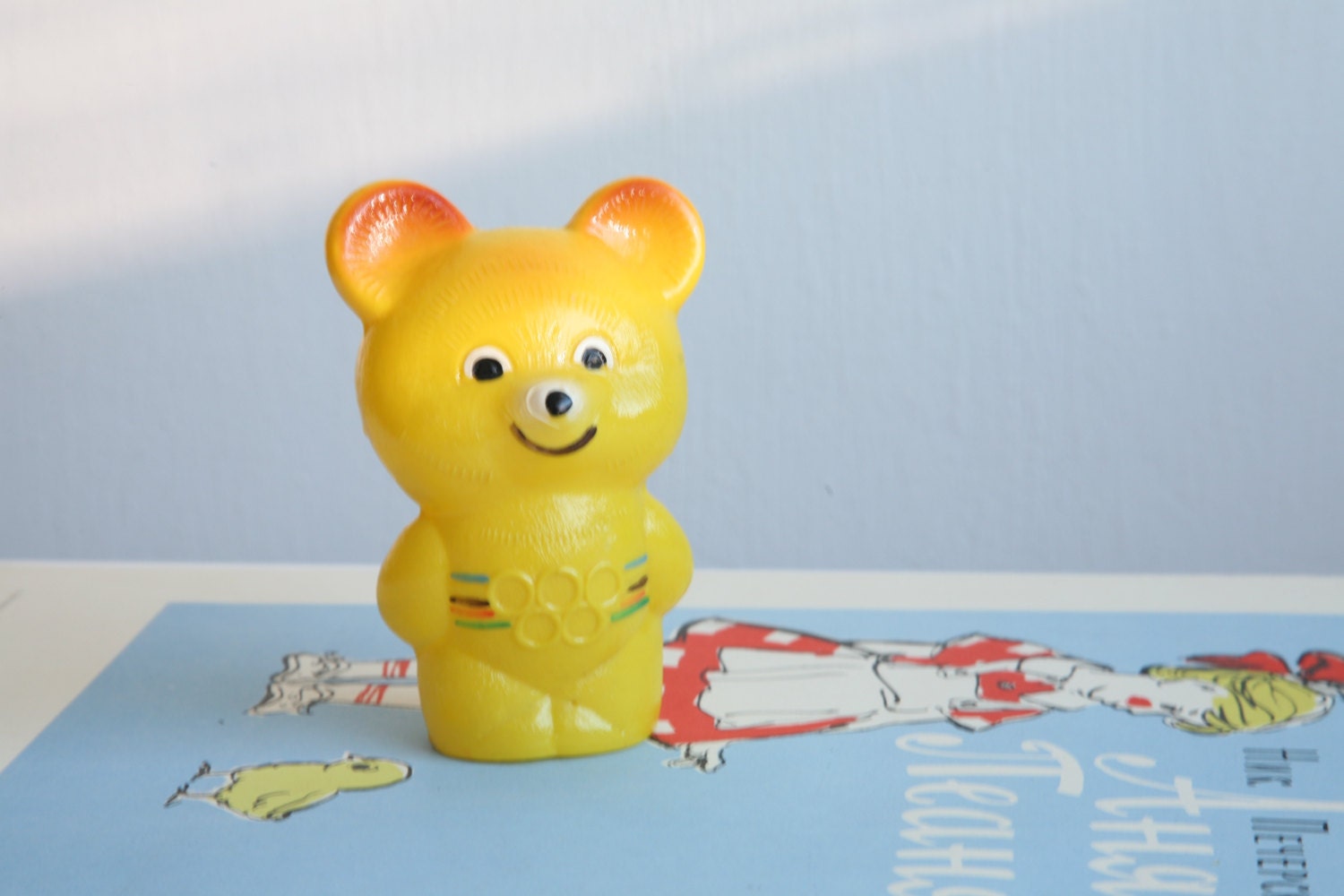 Vintage Russian Yellow Celluloid Moscow Olympic Games Mascot Bear Misha Rattle - TwoRedSuitcases