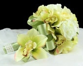 Green Cymbidium Orchid Wedding Boutonniere w/ Ribbon Bow - Silk Orchid Boutonniere in Green - Green Wedding Boutonniere w/ Cymbidium Orchid