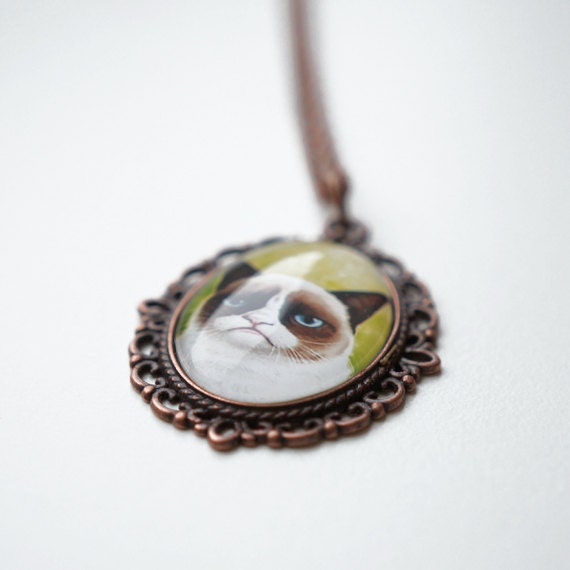 Grumpy Cat Antique Copper Necklace