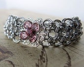 Crystal Flower Chainmaille Bracelet - Light Pink and Silver Bracelet - Pink Flower Bracelet - Crystal Bracelet