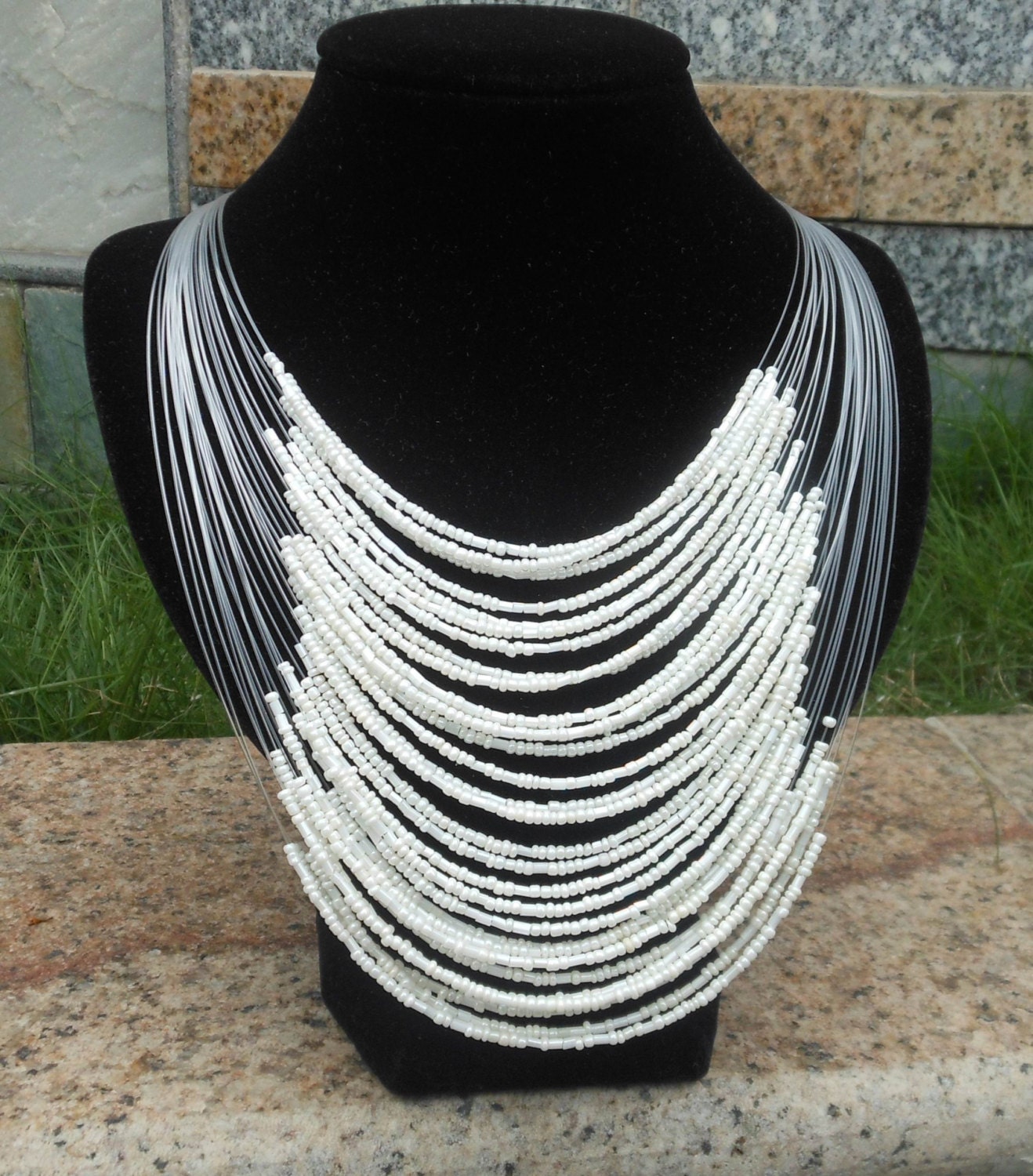 White Multi Strand Beads Necklace, Handmade Beaded Statement Necklace, Plastic Wire Beadwork Bib Necklace & Earrings, Pure White Jewelry