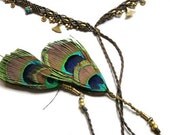 Macrame Tribal Feather Belt with Peacock Feathers and Brass Charms and Beads Lava Stone Brown Bellydance Bellychain
