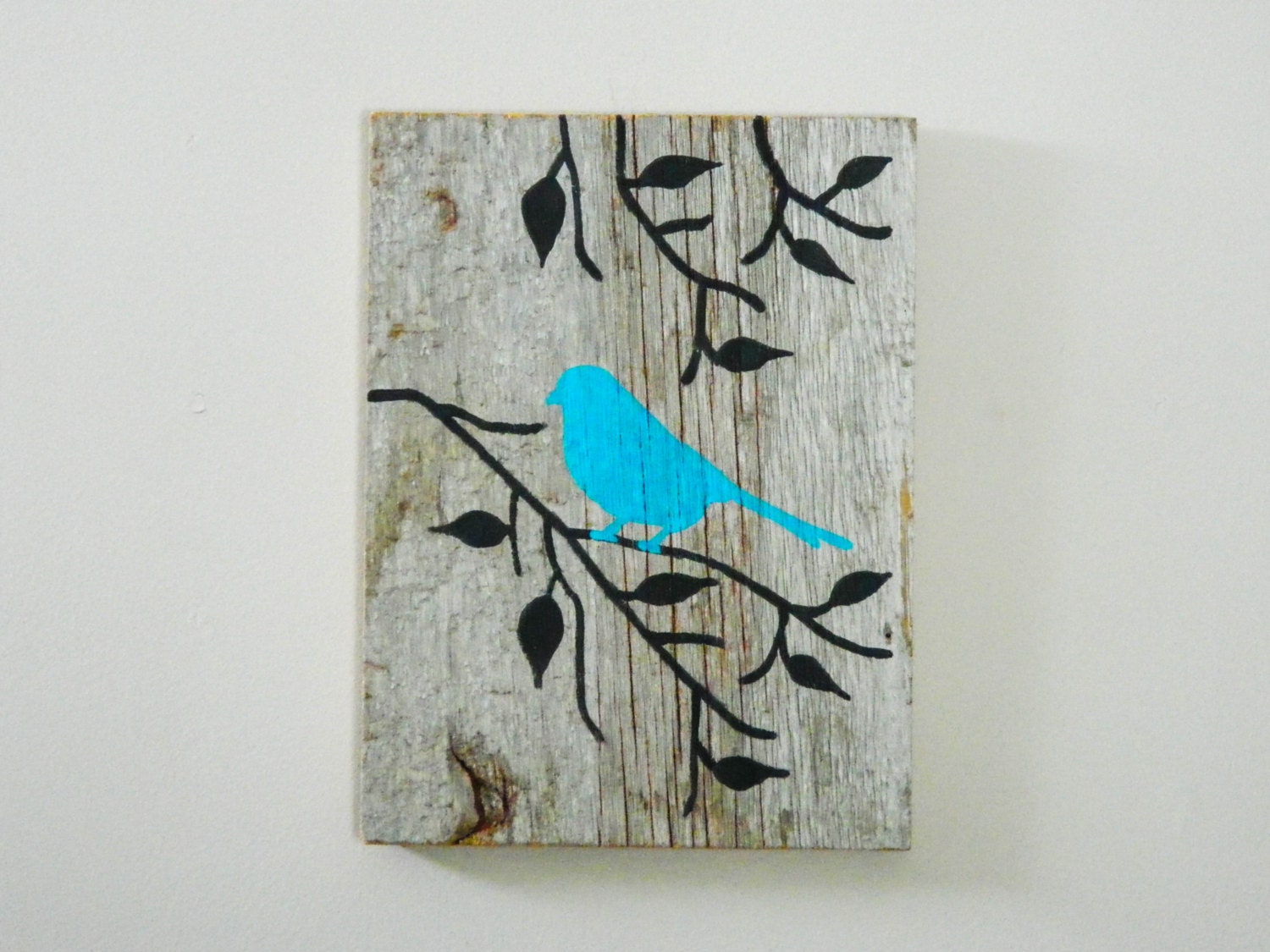Reclaimed Barnwood, Hand-Painted Wood Wall Art Rustic Art -Turquoise - Bird on Branch Silhouette Design