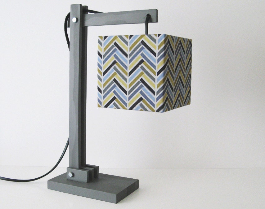 Wooden table lamp in blue and yellow herringbone