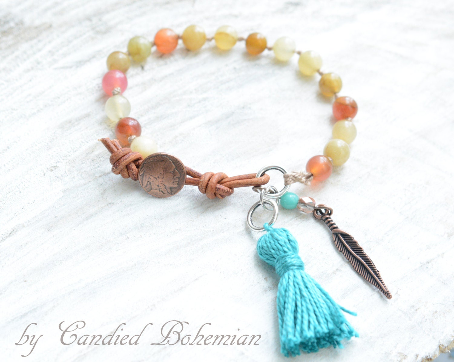 Native American Boho Knotted Leather Wrap, Feather Charm- Stack Sundance Style Jewelry, Indian American Bracelet, Crochet Ethnic