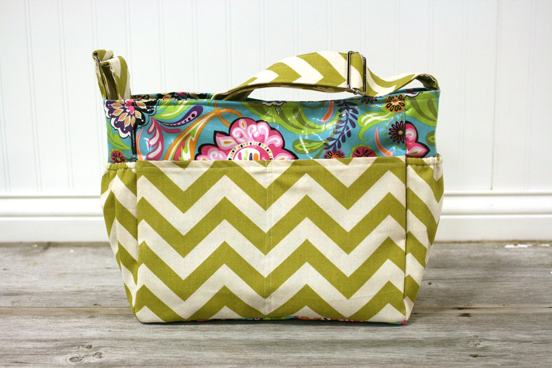 Vinyl-lined paisley green chevron beach bag or diaper bag
