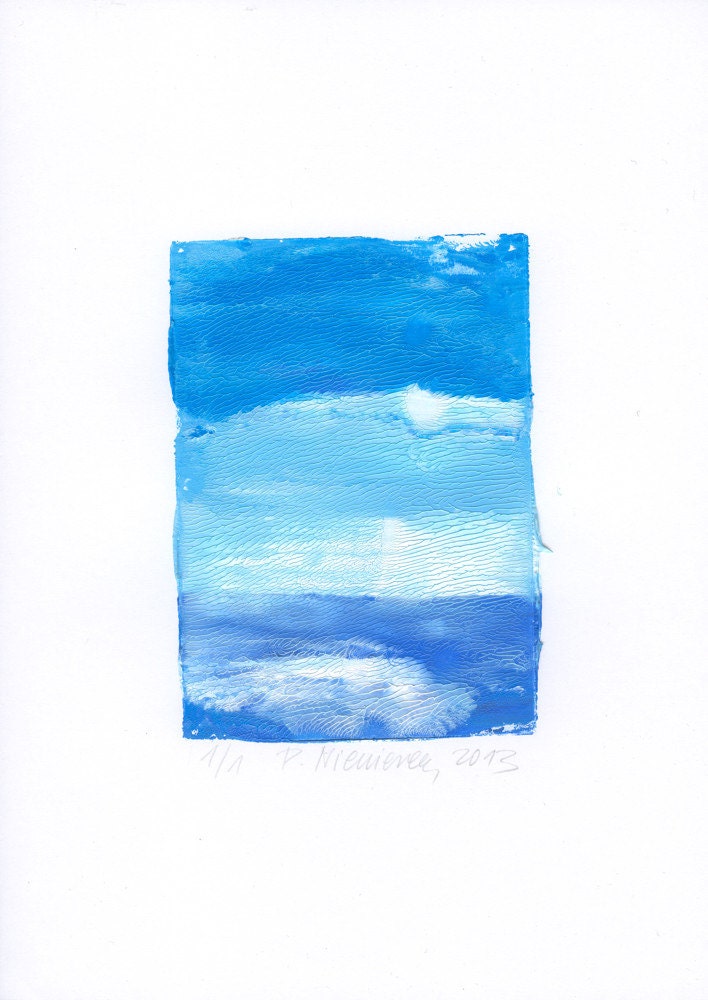 Handmade Original Monotype Print, Original Abstract Art Print for Home and Office, Sea and Sky Blue Abstract, Modern Fine Art Print