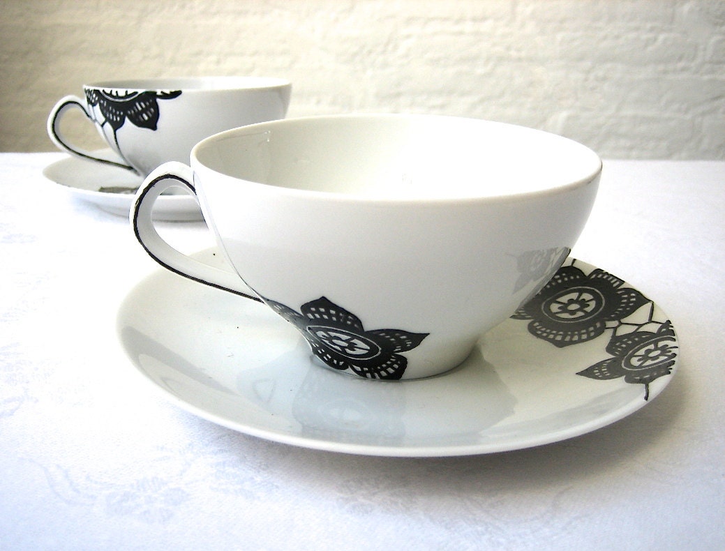 BLACK LACE: hand painted vintage lace design on set of two porcelain cups and saucers