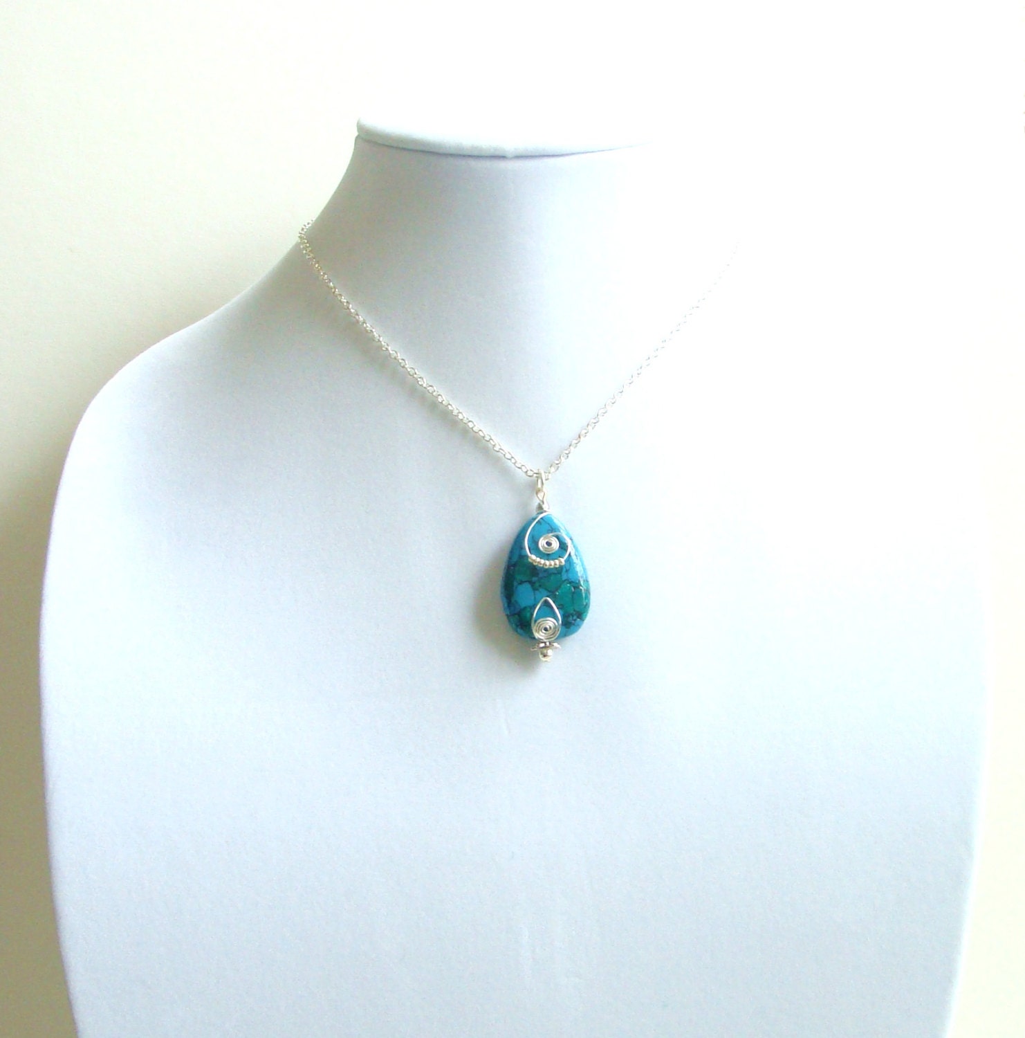 Polymer Clay Faux Turquoise Teardrop Choker Necklace With Wrapped Silver Wire