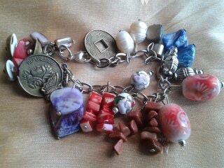 Multicolored Lucky Charm Bracelet- Beads by 2- Couple Protection- Cloisonne, Mother of Pearl, Stones, Shell... Charms- Silver Tone- Vintage