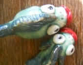 Ceramic Pottery Handmade Pair of Happy Green Fish with Red Lips