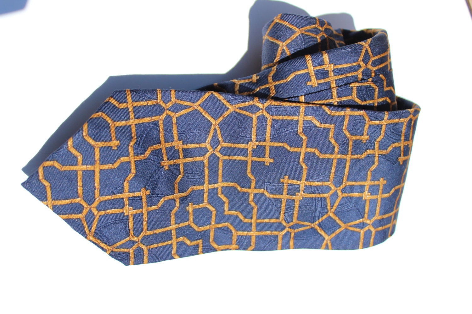 Vintage Designer Polo Ralph Lauren Men's Necktie Pure Silk Navy Blue Gold Pattern, Gift for Him, Formal Attire, High Fashion