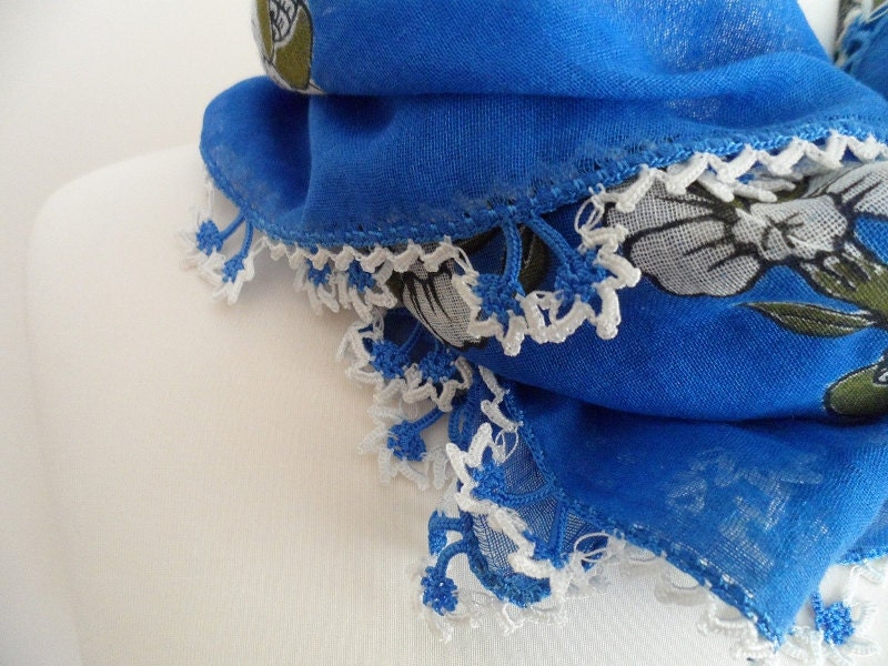 Blue Crochet Scarf, Floral Edge Lace Scarf, Oya scarf, Embroidery, Handmade, Headband, Bandana, Spring - Fall - Winter - Summer fashion