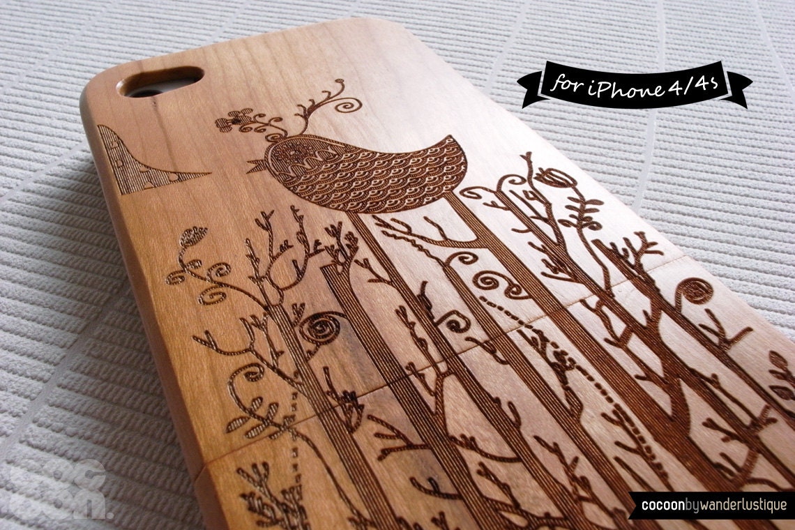 SALE30%OFF: Natural Wood iPhone 4 Case - Engraved Bird Singing in The Forrest iPhone Case // 3D, Cherry Wood, Art, Gift, Laser Engraving, 4s