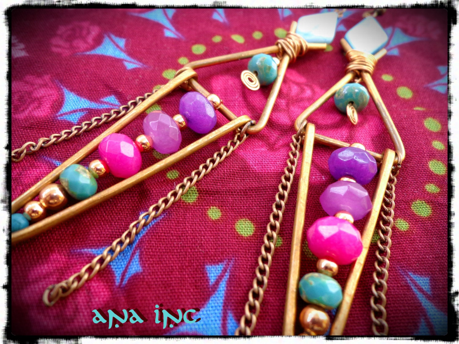 Hand forged COPPER genuine GEMSTONE EARRINGS, dangle, jade beaded, chakra, india sari, hippie hippy boho, colorful bohemian, tribal festival