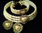 wedding bridal  jewelry pearl rhinestone crystal necklace chocker bracelet and clip on earring set lot