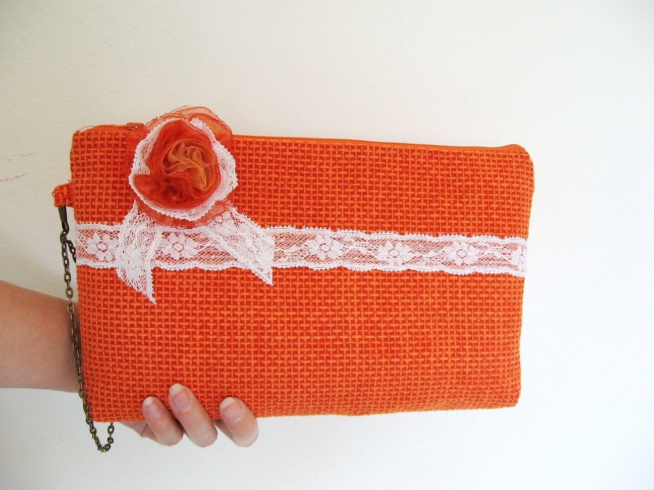 Cottage chic orange wedding clutch, bridesmaid gift, lace and flower, romantic, retro, delicate, cotton fabric, spring summer bag