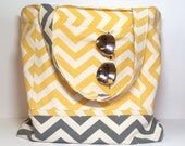 Large - Reversible Summer Beach Bag - Five Pocket - Chevron - Yellow Gray - Canvas Tote - Made To Order