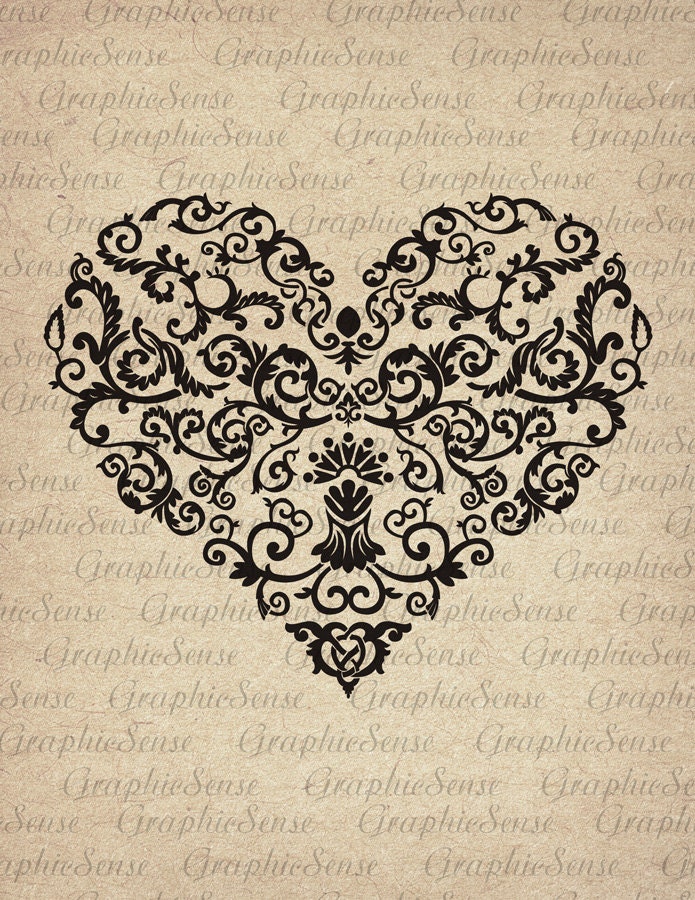 Ornamental Heart - Printable Graphics Digital Collage Sheet Image Download Iron on Transfer Fabric Paper Glass Orn37