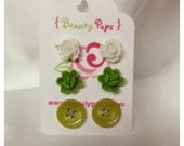 White Rose, Green Orchid and Green Button Earring Mix