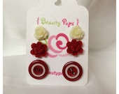 White Rose, Red Orchid and Red Button Earring Mix