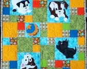 Puppy, Love, baby boy, pdf, quilt pattern, blanket, applique, turquoise, green, yellow, orange, patchwork.