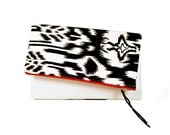 White Lambskin Leather and Bold Ikat Print Foldover Clutch with Brass Zipper