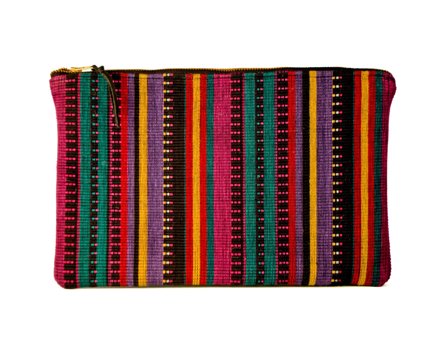 Dark Plum Leather and Woven Guatemalan Fabric Clutch Purse with Brass Zipper
