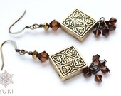 Old gold style long earrings with a large divider and brown Swarovski crystals, Brown earrings, Long, Handmade - YUKIJewellery
