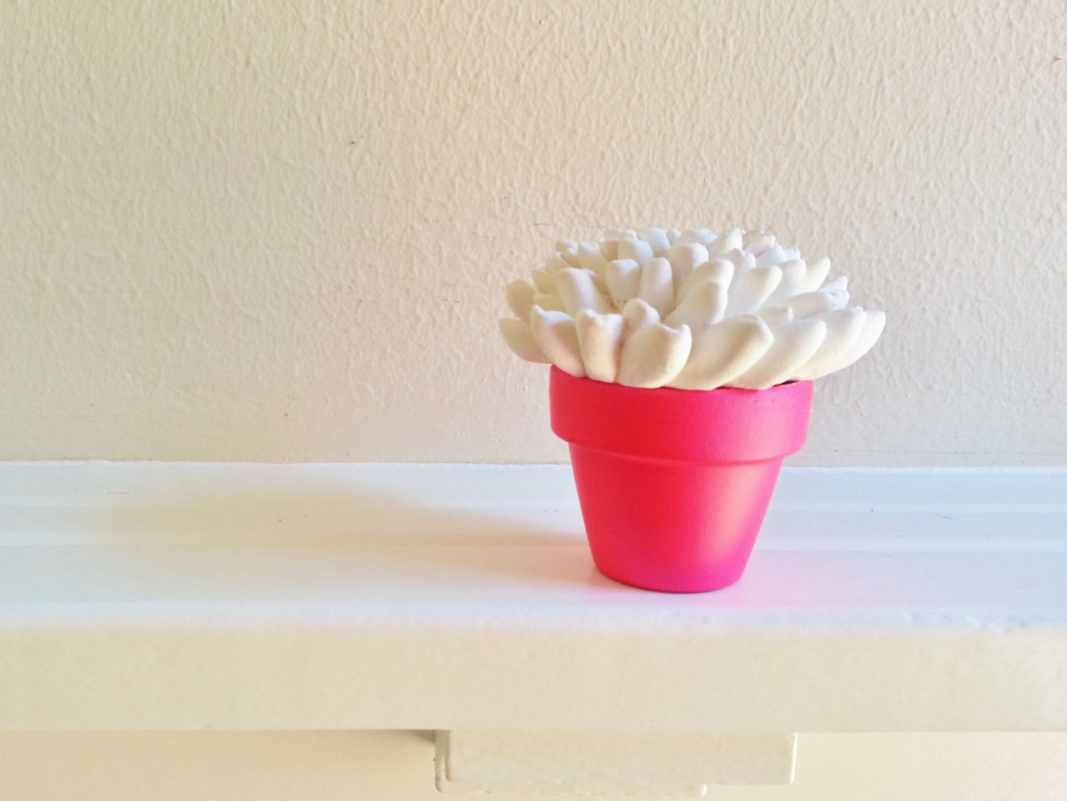 White flower Sculpture in Modern Neon Pink Pot, Wedding Favors, Flower sculpture, Desktop accessory